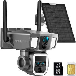 Dragon Touch 4G LTE Cellular Security Camera Outdoor, 4K Wireless Solar Bullet-PTZ Cam, 3 Lens, 10x Optical Zoom, 4G or WiFi 2 Mode, 360 PTZ AI Tracking, SIM Card and 64GB SD Card Included
