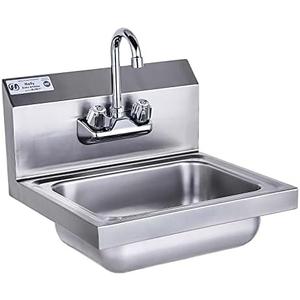 HALLY Stainless Steel Sink for Washing with Faucet, NSF Commercial Wall Mount Hand Basin for Restaurant, Kitchen and Home, 17 x 15 Inches