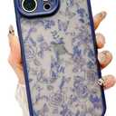 for iPhone 13 Pro Max Case, Flowers Butterfly Slim Hard PC Frosted Shockproof Drop Protection Cover, Translucent Matte Floral Phone Case for Women Girls 6.7" - Blue