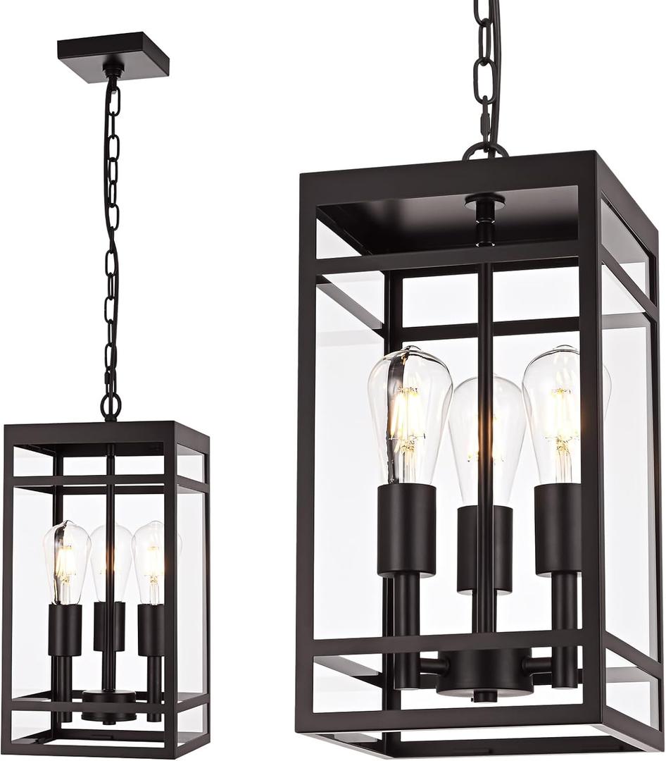 VINLUZ 3-Light Outdoor Pendant Light with Adjustable Chain, 16" Oil Rubbed Bronze Outdoor Hanging Light Fixture, Exterior Linear Hanging Lantern Chandelier for Entryway, Patio, Garden, Front Door