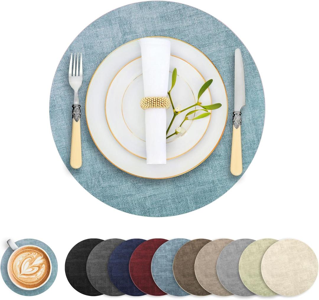 Round Faux Leather Placemats and Coasters, Set of 6, Reversible Heat Resistant Non-Slip Table Mats, Waterproof Wipeable Place Mats for Dining Table, Washable for Indoor & Outdoor (6, Blue)