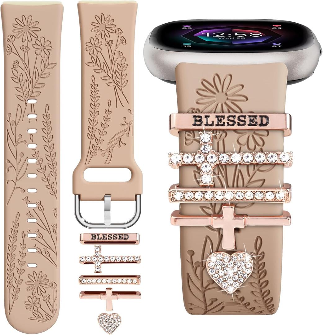 Wildflower Engraved Bands Compatible with Fitbit Sense 2, Versa 4/3, Sense Band with Charms, Soft Silicone Replacement Wristbands Strap with Cute Decorative Rings Accessories for Women