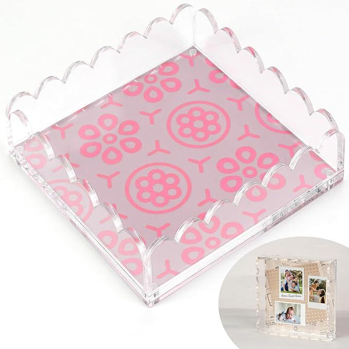 Scalloped Acrylic Tray with Magnetic Mat–Customizable for Photos, Artwork,Messages and Inspirational Quotes–8x8 Tray, Perfect for Home, Office Décor