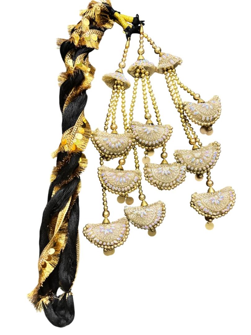Golden Embroidered Paranda for Women and Girls | Traditional Punjabi Hair Accessory with Beads and Half-Moon Tassels (Length - 35")