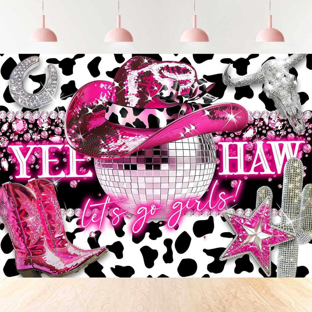 Cowgirl Backdrop Hot Pink Disco Let's Go Girl Western Birthday Cow Print Rustic Cactus Hat Boots Diomand 7Wx5H Feet Fabric Polyester Photography Background Banner Photo Shoot Decor Prop