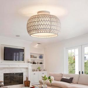 BUXVRCS Rattan Ceiling Light Fixtures,Hand-Woven Boho Flush Mount Light,Handmade Fixtures with Fabric Shade,Farmhouse Fixture for Bedroom Hallway Entryway 