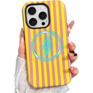 Magnetic for iPhone 13 Pro Max Phone Case, Cute Striped Pattern Aesthetic Gloss Design, Stylish Shockproof Soft TPU and Hard PC 2-in-1 Protective Cover for iPhone 13 Pro Max, Yellow Pink