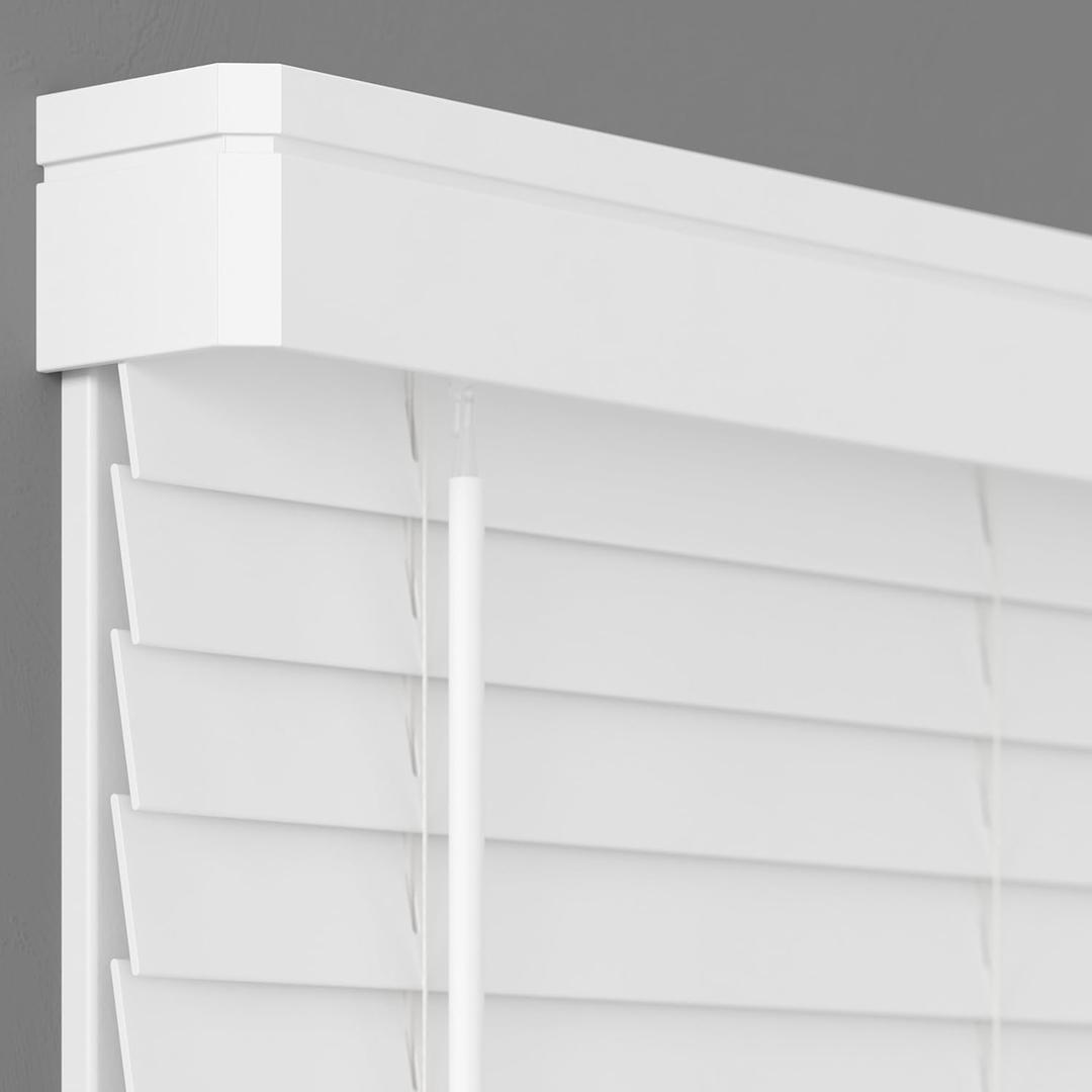 2 Inch Cordless Faux Wood Blind with Contemporary Valance - 34" W x 64" L - White, Over 900 Custom Sizes Starting at 19.97, Smooth Room Darkening Slats for Interior Windows by Lumino