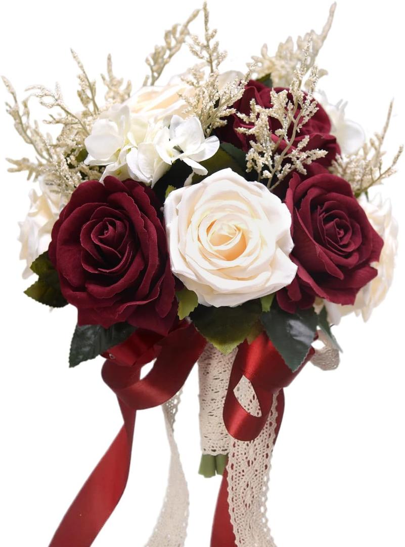 8.6in Wedding Bouquets for Bride Bridesmaid,White Champagne Red Burgundy Rose Artificial Fake Silk Flowers Bridal Bouquets for Wedding With Ribbon Handle Boho Rustic Church Decoration Toss Bouquet