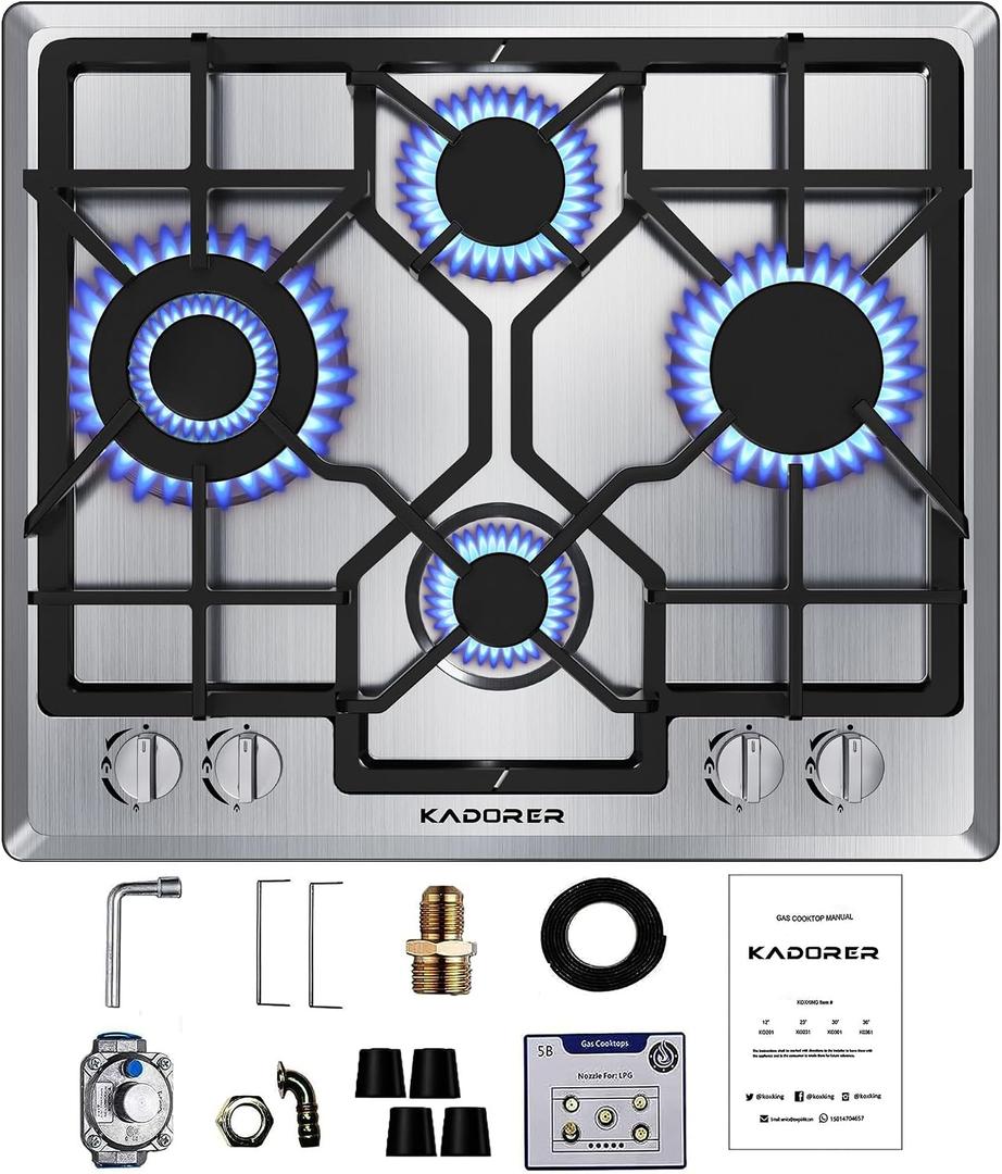 24 inch Gas Cooktop, Bulit-in Gas Stove Top with 4 Burner, NG/LPG Convertible Cooktops, Dual Burner Propane Cooktop with Thermocouple Protection, Stainless Steel
