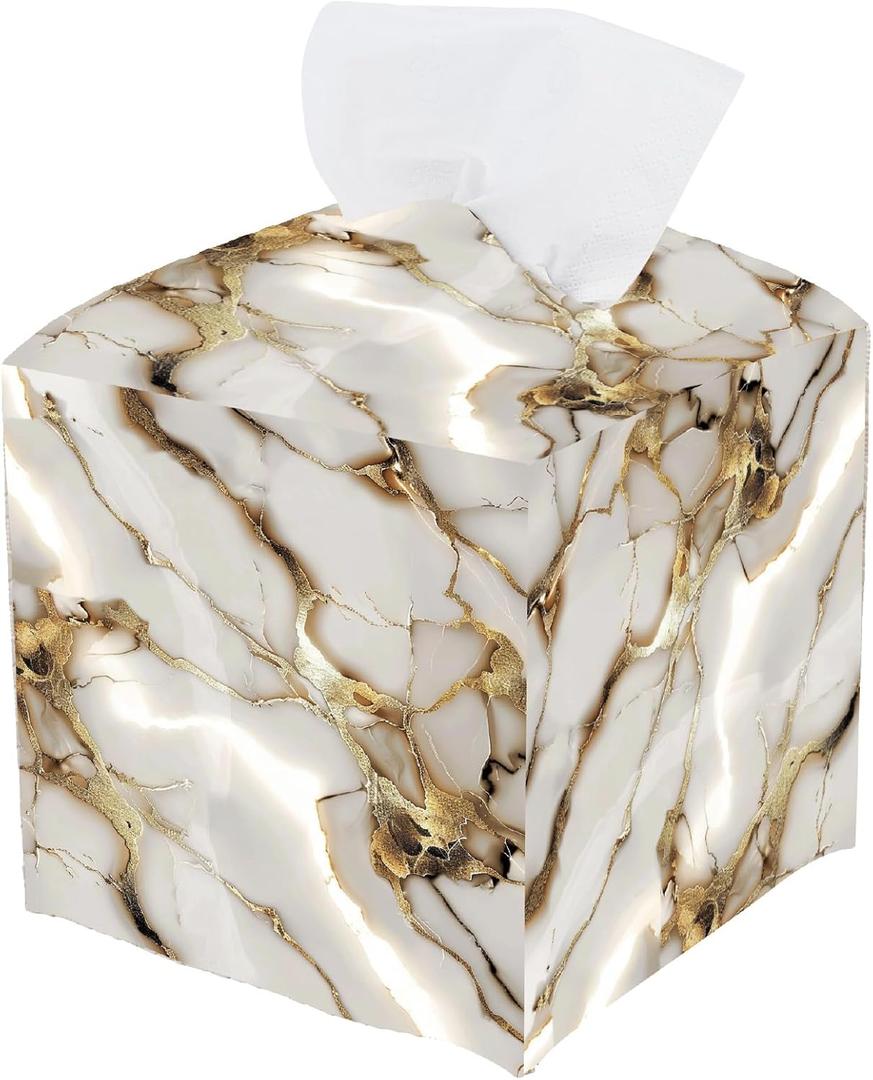 White Gold Marble Tissue Box Cover Square Tissue Box Cover, Marble Modern Facial Paper Holder Leather Organizer Dispenser for Bathroom Kitchen Vanity Home Car Desk Countertop Night Stands