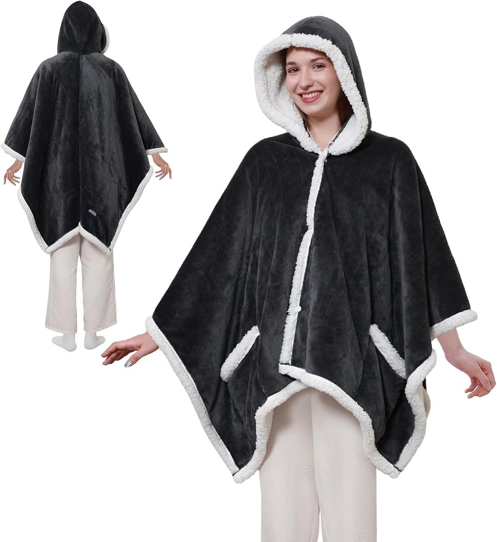 Sealy Heated Throw Wearable Shawl Wrap with Pockets, Reversible Flannel to Sherpa Electric Blanket Hoodie Poncho with 6 Heating Levels & 2-10 Hours Time Settings, 50 X 60 Inch, Charcoal