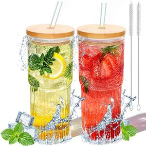 32oz Ribbed Glassware Large Cup, Glass Cups With Lids And Straws,Iced Coffee Cups With Lids,Glasses Drinking Set,Cute Cups,Boba Cup,With Straw Brush,Ideal Gift