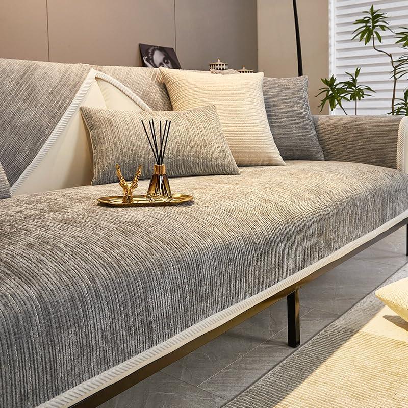 Fun Fuzzy Couch Covers for Sofa,Simple Striped Chenille Anti-Scratch Couch Cover,Chenille Sofa Covers Washable for Sectional Sofa,Light gray-35"x82"