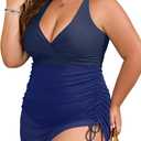 B2prity Women's Plus Size One Piece Swimdress Swimsuit Tummy Control Slimming Swim Dress Mesh Drawstring Skirted Bathing Suit (Blue, XL)