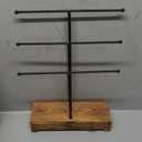 MyGift 3-Tier Black Metal T-Bar Jewelry Organizer Stand, Necklace and Bracelet Hanging Display with Brown Wood Ring Tray