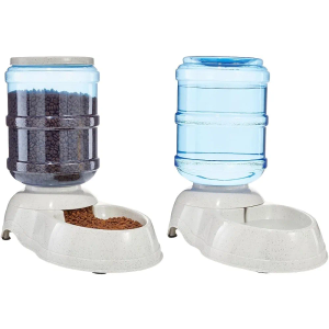 Amazon Basics Automatic Dog Cat Water Dispenser Gravity Feeder and Waterer Set, Large, 12-Pound Food Capacity, 2.5-Gallon, Gray