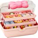 Cute Hair Accessories Organizer 3-Layers Kids Jewelry Storage Box Plastic Hair Accessories holder for Girls (Pink, 10.8 x 5.7 x 5.9 Inch)