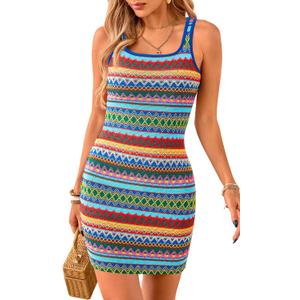 PRETTYGARDEN Womens 2026 Summer Mini Dresses Square Neck Sleeveless Tank Bodycon Striped Boho Sundress Beach Vacation Outfits (Blue, XL)