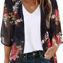 Women's Floral Print Puff Sleeve Kimono Cardigan Loose Cover Up Casual Blouse Tops 2026 (Black), 4XL
