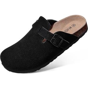 KIDMI Genuine Suede Clogs for Women Cork Footbed Sandals Leather Mules Potato Shoes with Arch Support (8.5, Black)