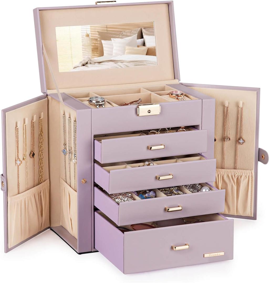 Homde Synthetic Leather Huge Jewelry Box Mirrored Watch Organizer Necklace Ring Earring Storage Lockable Gift Case (Grey Purple + Gold)