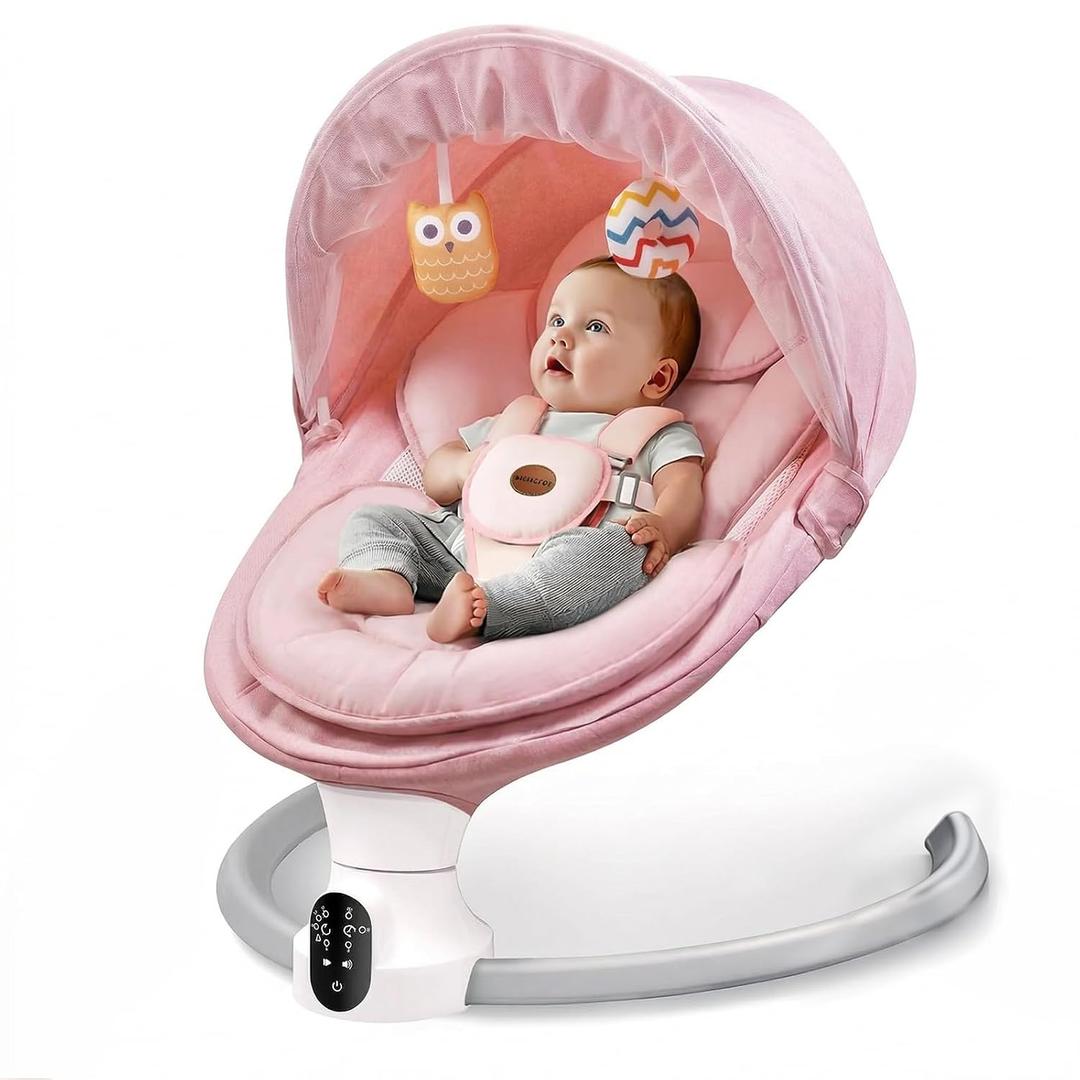 Baby Swing for Infants - Electric Baby Rocker with Exclusive App Function, Upgraded 5 Point Harness, Bluetooth Support, 10 Preset Lullabies and 5 Speeds, Portable Swing for Baby Boy GirlPink