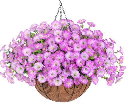 Artificial Fake Hanging Flowers Plants Baskets for Outdoor Spring Summer Decoration, Faux Silk Morning Glory in Planter UV Resistant Realistic for Home Outside Porch Patio Balcony Garden Yard