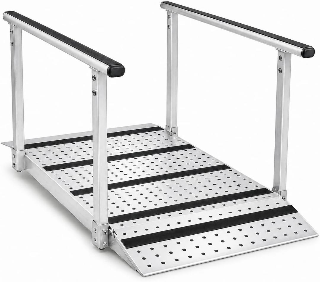 Upgraded Folding Ramp with Handrails, 45.2" L x 31.5" W Portable Wheelchair Ramp with Adjustable Flap, Heavy-Duty Carbon Steel Handicap Access Ramp, 600 lbs Capacity