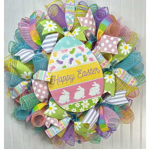 Handmade Happy Easter Mesh Wreath - 24 Inch Pastel Front Door Decor with Jelly Bean Egg Sign, Burlap Ribbons, and White Bunny Silhouettes - Seasonal Spring Wall Decoration for Indoor/Outdoor Use