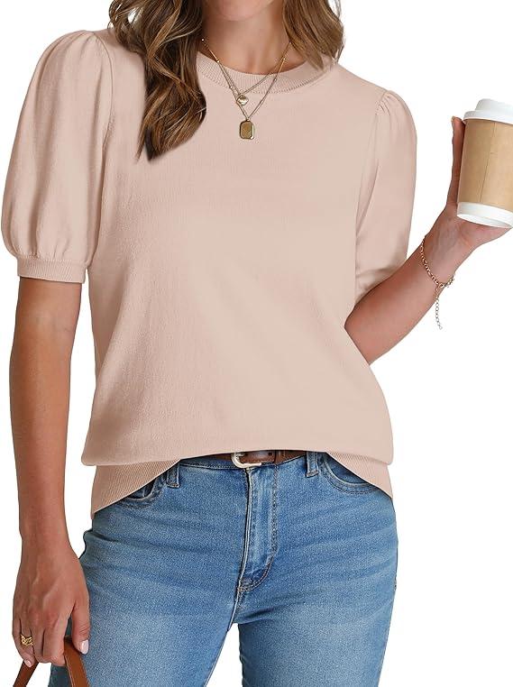 Wiholl Women's Short Sleeve Sweaters Wool Blend Knit Summer Tops Soft Lightweight Business Casual Outfits , Size L
