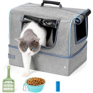 Cat Enclosed Travel Litter Box Kit with Lid Odorless Dustless, Lightweight Cat Portable Foldable Litter Box for Indoor and Car (Large)
