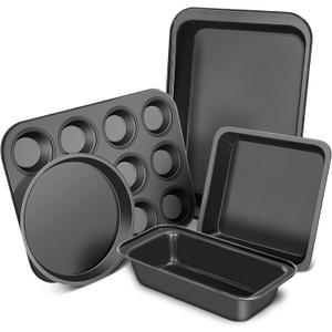 Baking Pans Set, 5-Piece Nonstick Bakeware Sets with Round/Square Cake Pan, Muffin Loaf Roast Pan, Baking Sheets for Oven, Kitchen Cookware Sets Baking Tray Baking Supplies, Black