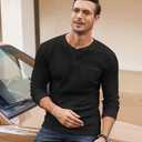 COOFANDY Men's Henley Shirts Long Sleeve Basic Waffle Pique Pullover T-Shirt with Pocket (Black)