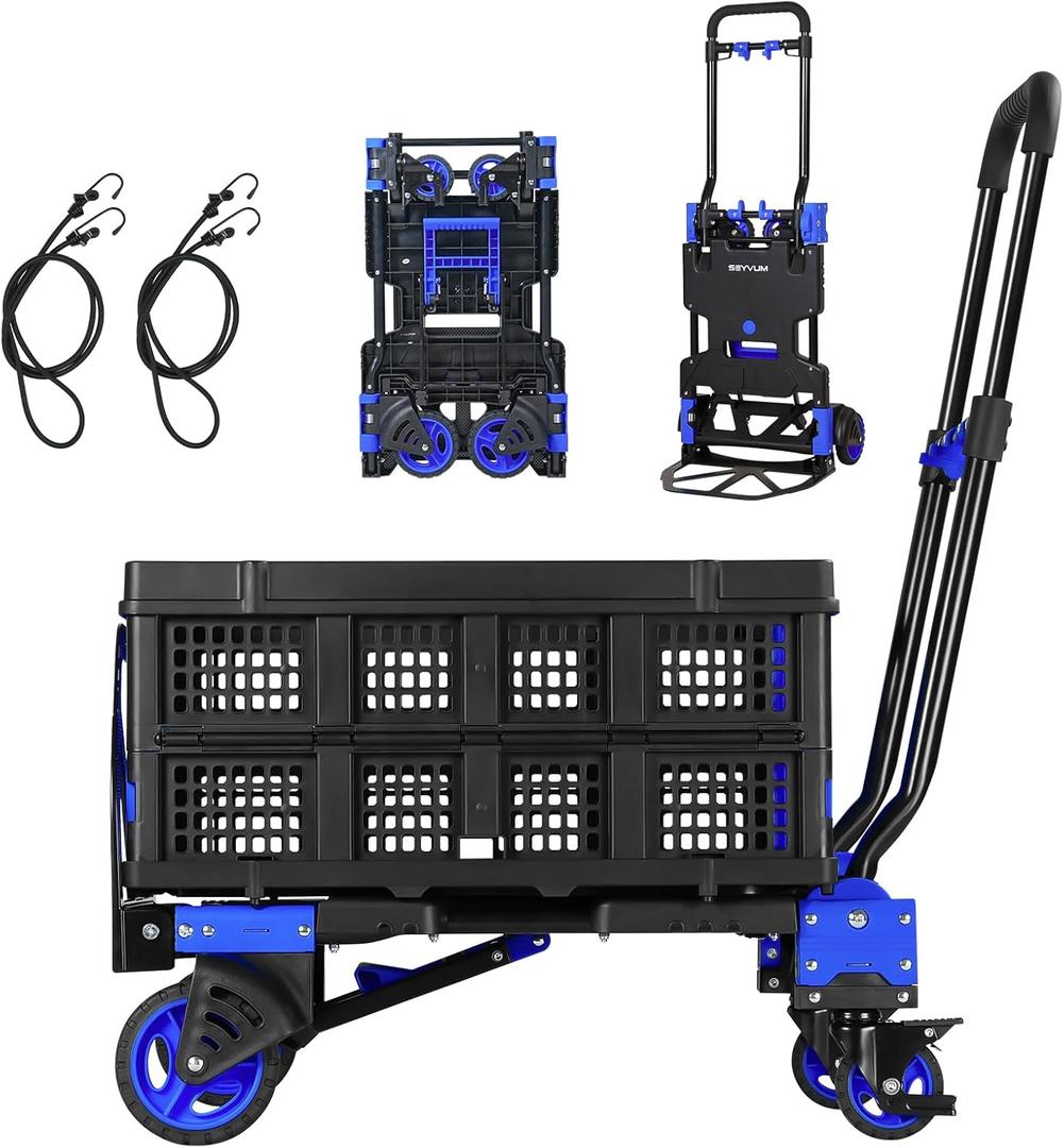 SEYVUM Folding Hand Truck with Basket, 2 in 1 Dolly Cart with 4 Wheels & Brakes, Retractable Handle Shopping Cart, Max Capacity 330 lbs, Include 2 Bungee Cords, for Moving, Luggage, Office