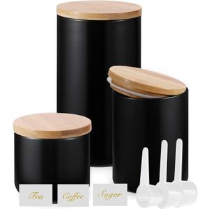 Yangbaga Black Ceramic Canister Set for Kitchen-Set of 3 Kitchen Canisters for Countertop with Airtight Wood,Large Kitchen Storage for Flour,Suger,Coffee-Modern Countertop Decor