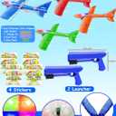 2 Launcher - 4 Pack 14.5" Lighted Easter Airplane Launcher Toys for Boys Kids Gifts Easter Basket Stuffers Essential, LED Foam Glider Catapult Plane Flying Toy for Kids Party Favors Outdoor Games