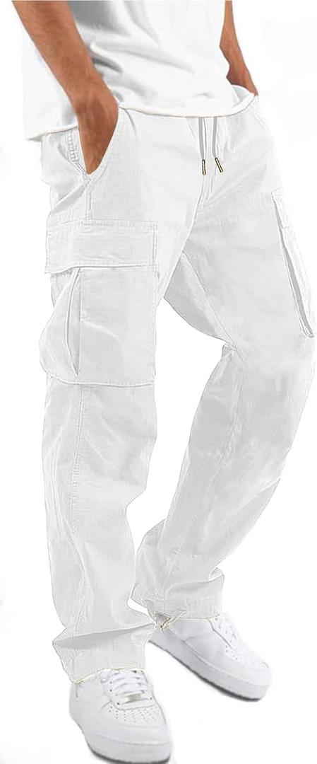 HUNGSON Mens Cargo Pants Drawstring Casual Hiking Pants Joggers Athletic Trousers Cotton Loose Straight Sweatpants for Men (34, White)