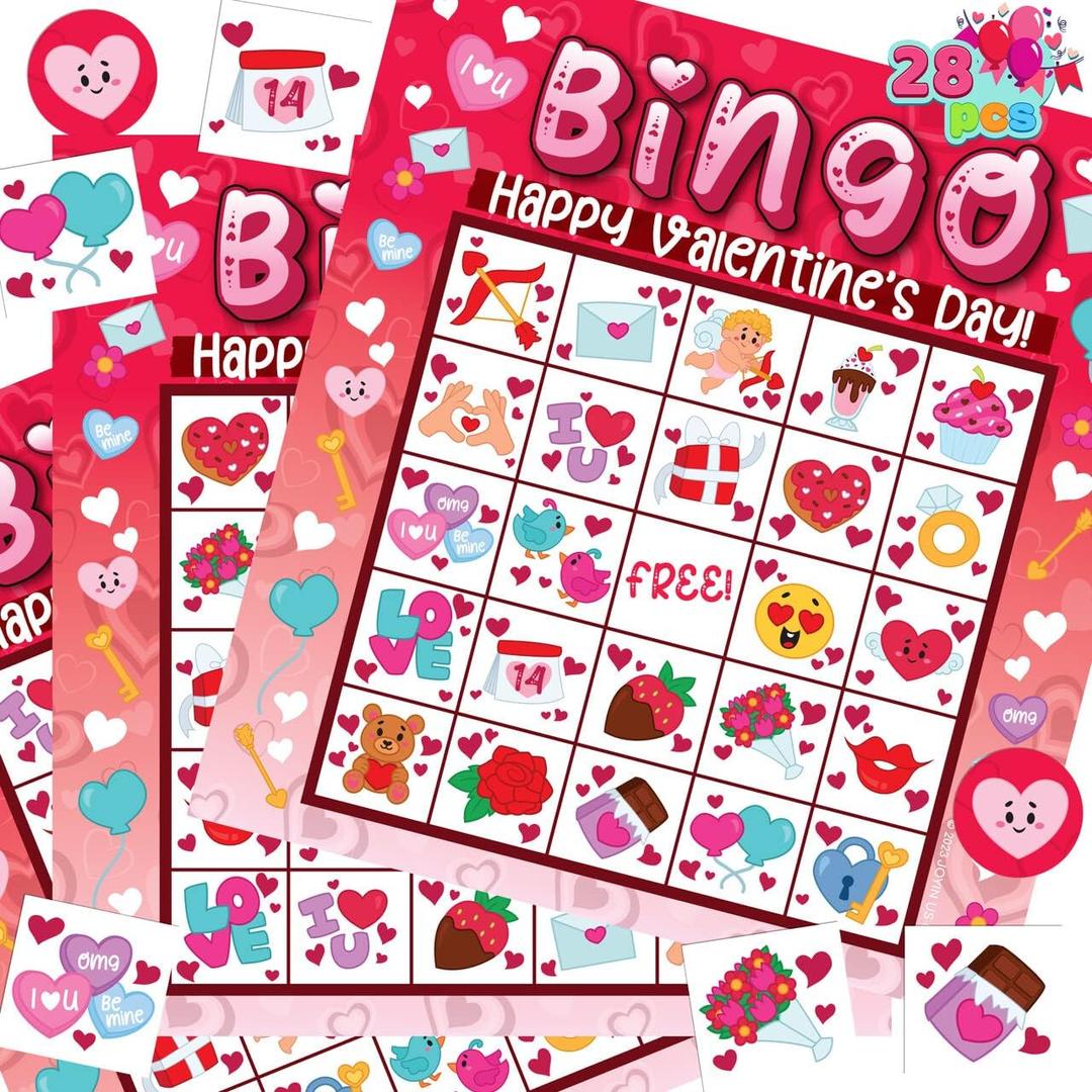 JOYIN 28 Players Valentine's Day Bingo Card for Kids and Adults, for Family/School Classroom Large Group, Party, Treats, Game