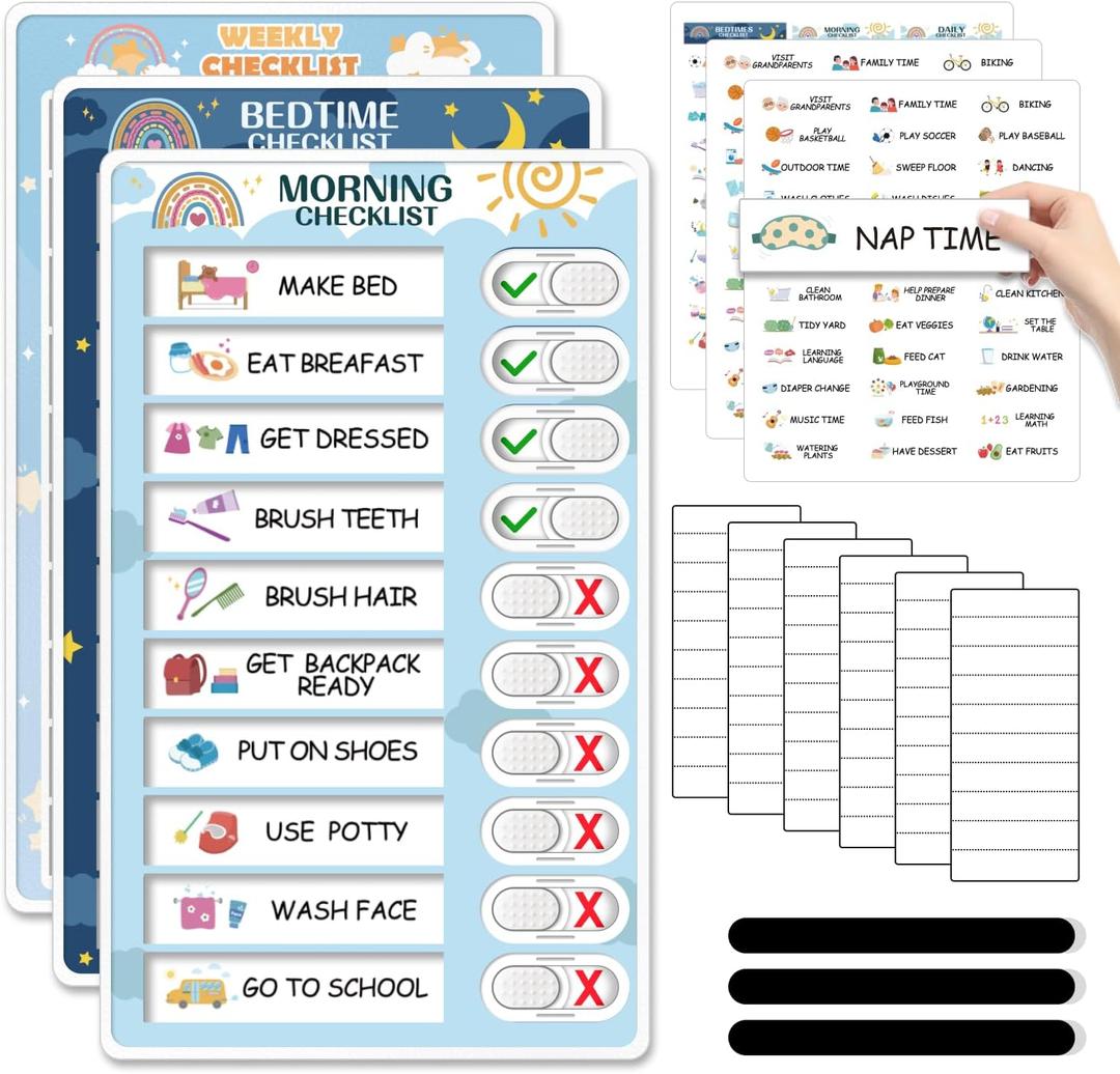 3 in 1 Bedtime/Morning/Weekly Routine Chart for Kids, Magnetic Chore Chart for Kid, Visual Schedule for Kid Toddlers Schedule Board for Home