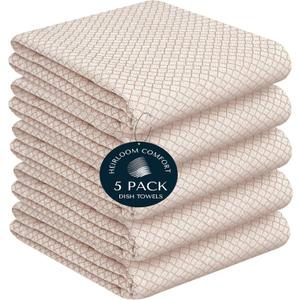 Beige Honeycomb Kitchen Towels 5 Pack, 16x26 Inch, 100% Cotton, Quick Drying, Soft, Super Absorbent, Reusable & Washable Dish Towels for Home & Kitchen Chores, Everyday Use