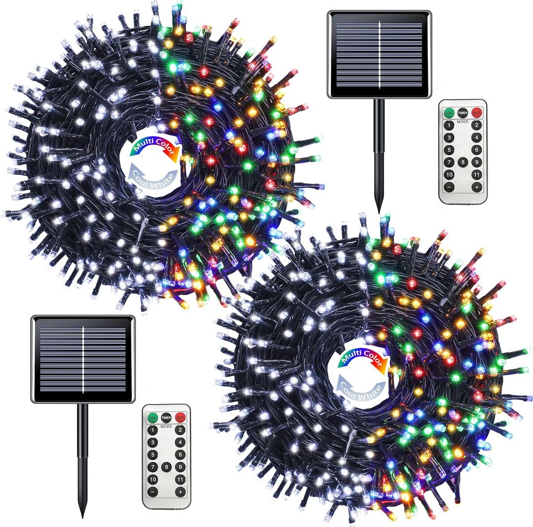 JMEXSUSS 2 Pack White and Multicolor Solar Christmas Lights, Total 400 LED 151FT Color Changing Solar String Lights Outdoor Waterproof for Outside Yard Tree Christmas Decorations