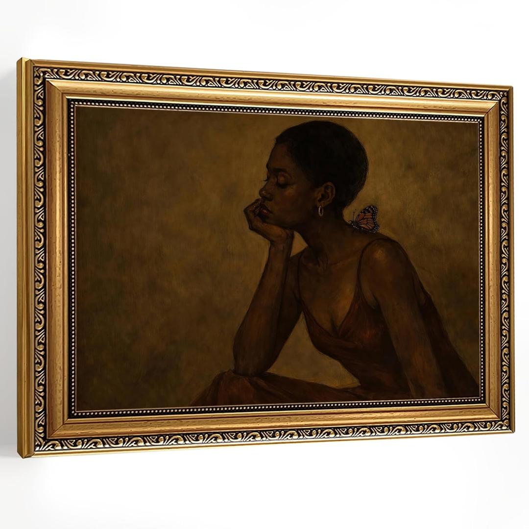 African American Gold Framed Wall Art Moody Portrait Painting Wall Decor, 24"L x 16"W