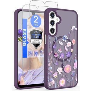 Yucenx for Samsung Galaxy A16 5G Floral Phone Case with 2X Screen Protector, Military Grade Magnetic Translucent Matte Girls Women Flower Pattern Protective Cover for A16 5G (Deep Purple)