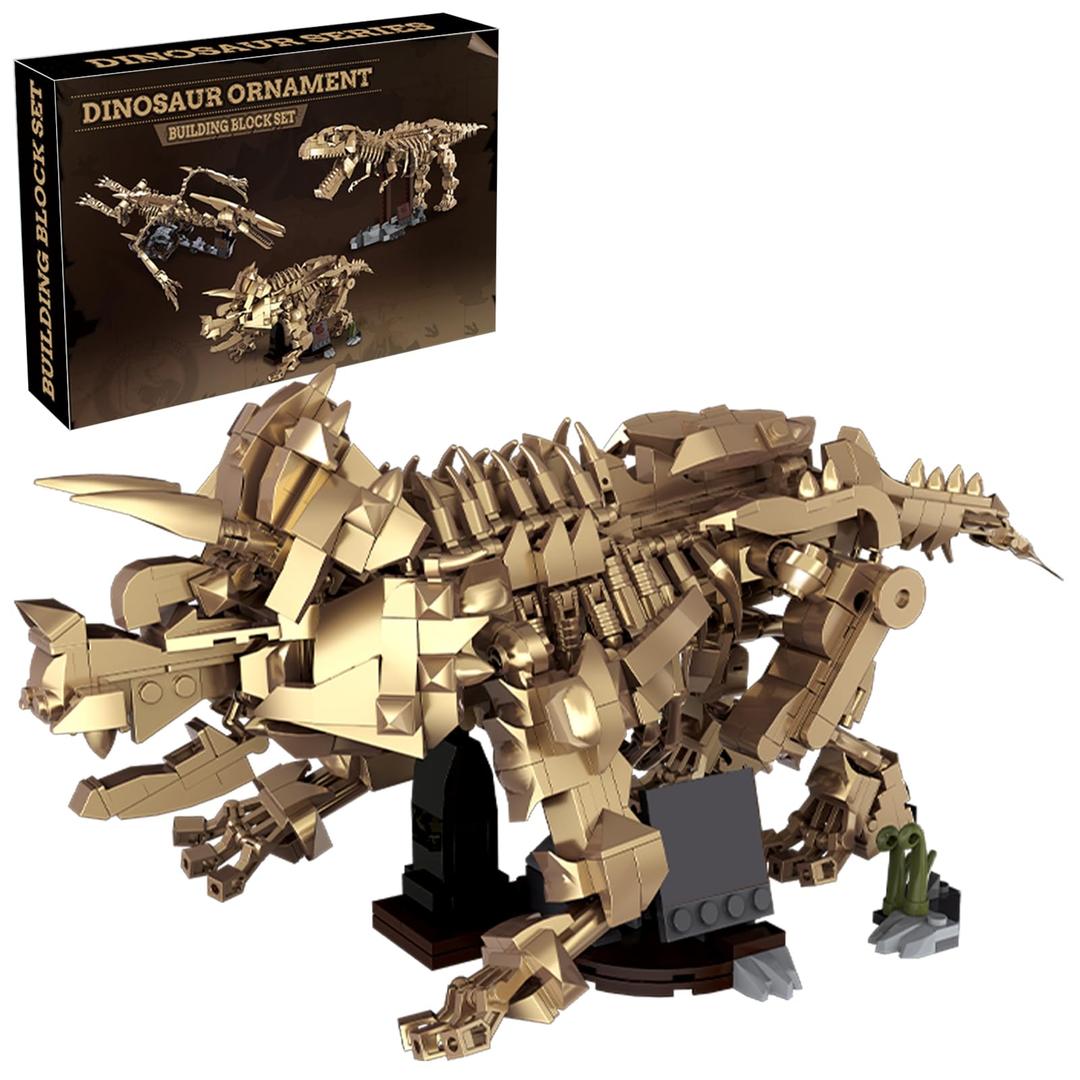 Myth Qholve Triceratops Fossil Skeleton Building Block Set Movable Dinosaur Model with Articulated Joints Educational STEM Construction Toy for Kids & Collectors