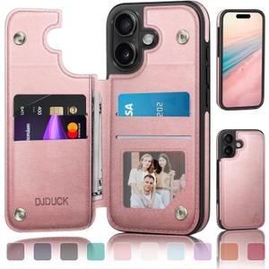 DJDUCK Designed for iPhone 16 Case Wallet with Card Holder, [Magnetic Clasp Cover] [RFID Blocking Leather Protection] Shockproof Women Men Cases 6.1 Inch for Apple 16 Rose Gold