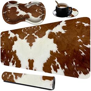 Extended Game XXL Desktop Pad+Mouse Wrist Cushion+Coaster Suite, Non -Slip Rubber Base Mouse Pad and Suture Edge, Memory Foam Wrist Rest Support, Brown Cow Hide Print