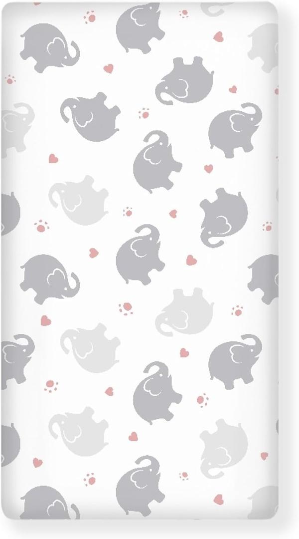 Elephant Fitted Crib Sheet for Boys Girls Watercolor Grey Elephants Baby Sheet for Standard Crib and Toddler Pink Paw Print and Heart Nursery Bed Mattress Sheets 28"x52"