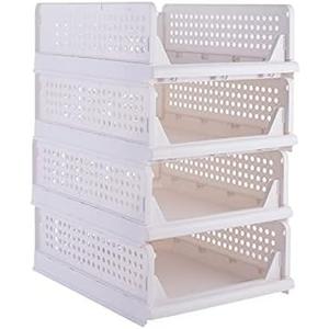 Folding Closet Organizer Basket,Plastic Storage Frame,Stackable Drawer For Bathroom,Kitchen,White(4)