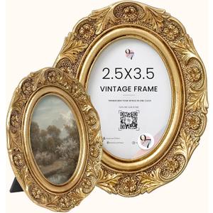 97 Decor Small Vintage Picture Frames 2.5x3.5 - Oval 2.5 x 3.5 Picture Frames For Wallet Size Pictures, Antique Gold Frame 2.5x3.5 For Tabletop and Wall Mounting, Small Ornate Frame Vintage Wall Decor